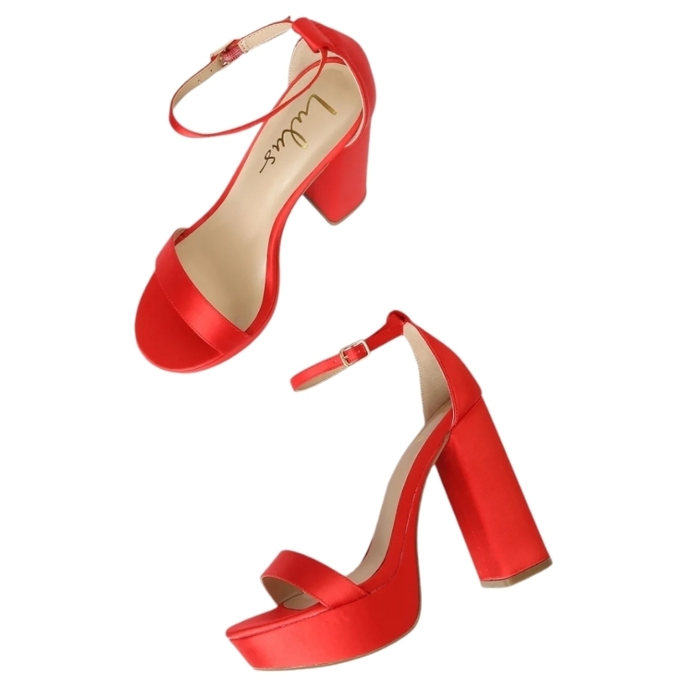 Lulus Arrabella Red Satin‎ Platform Ankle Strap Heels Size 10 - Picture 3 of 7
